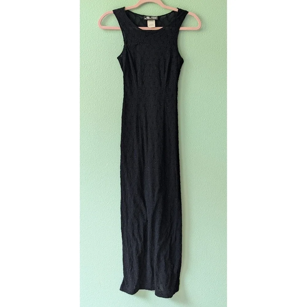 Up Front Vintage 90s Black Textured Nylon Bodycon Maxi Dress Indie Sleaze Small - Picture 1 of 10